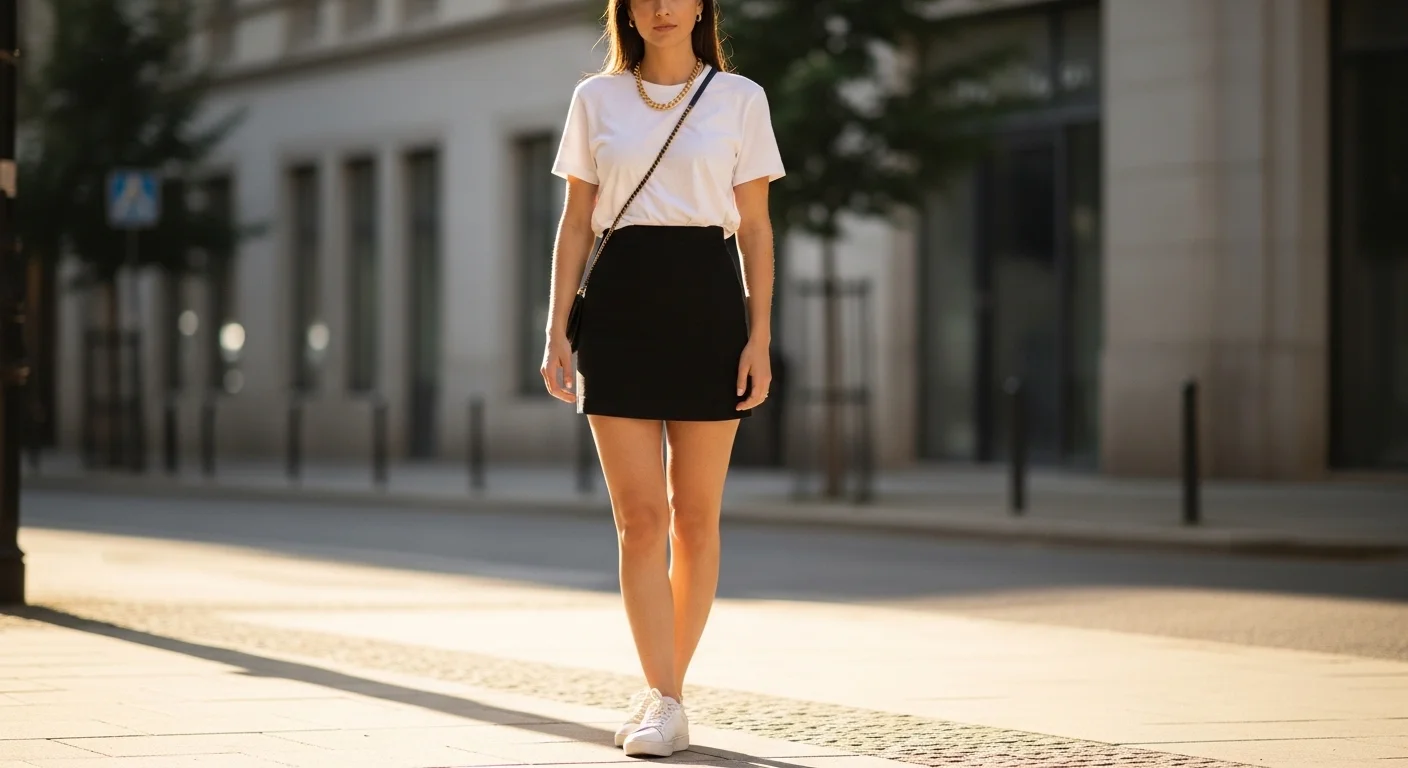 Classic white tee tucked into a black mini skirt with white sneakers and a gold chain necklace
