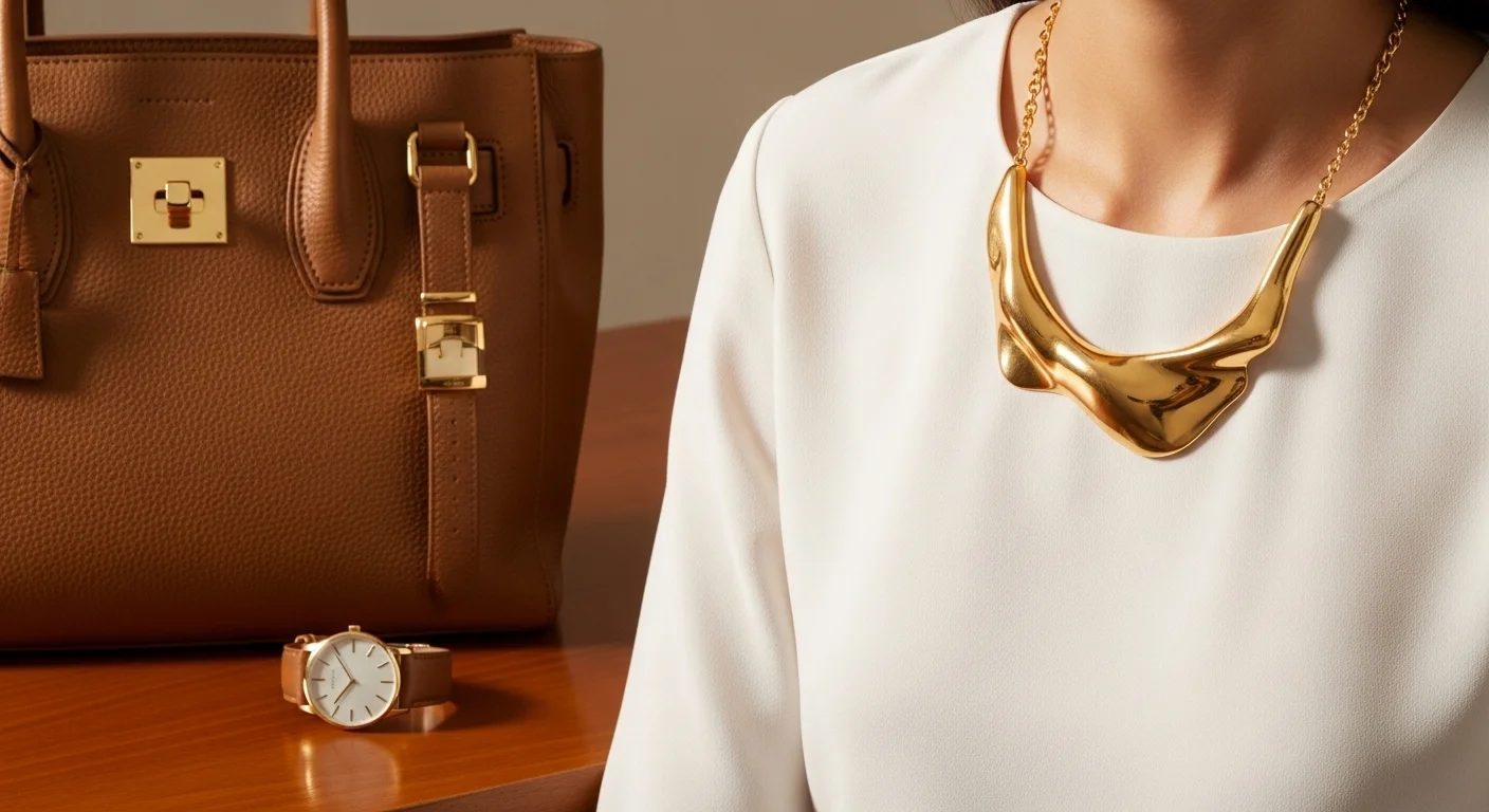 Close up of professional accessories including a gold statement necklace, structured leather tote bag, and classic gold wristwatch