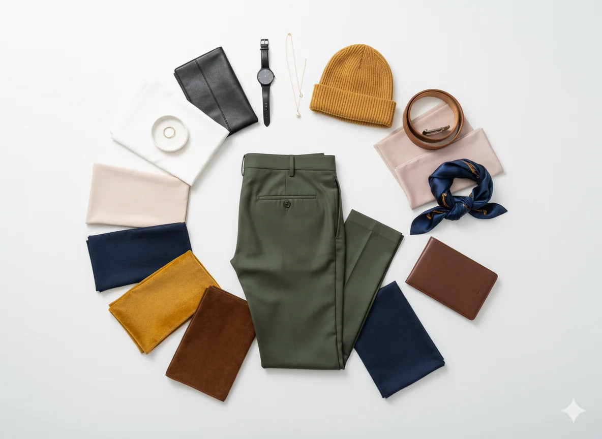 Color palette flat lay showing the best colors to pair with green pants