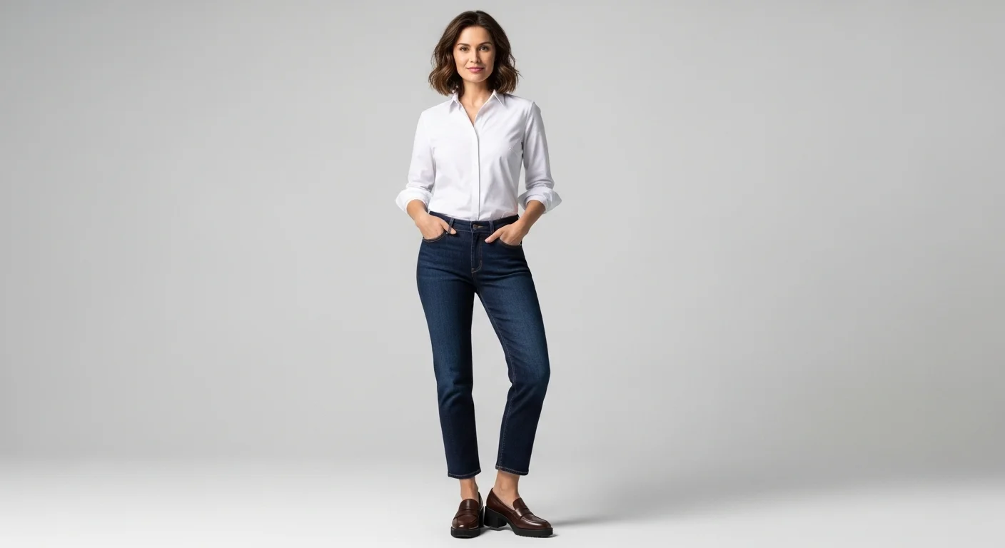 A woman wearing a crisp white button-down shirt tucked into dark barrel jeans with heeled loafers