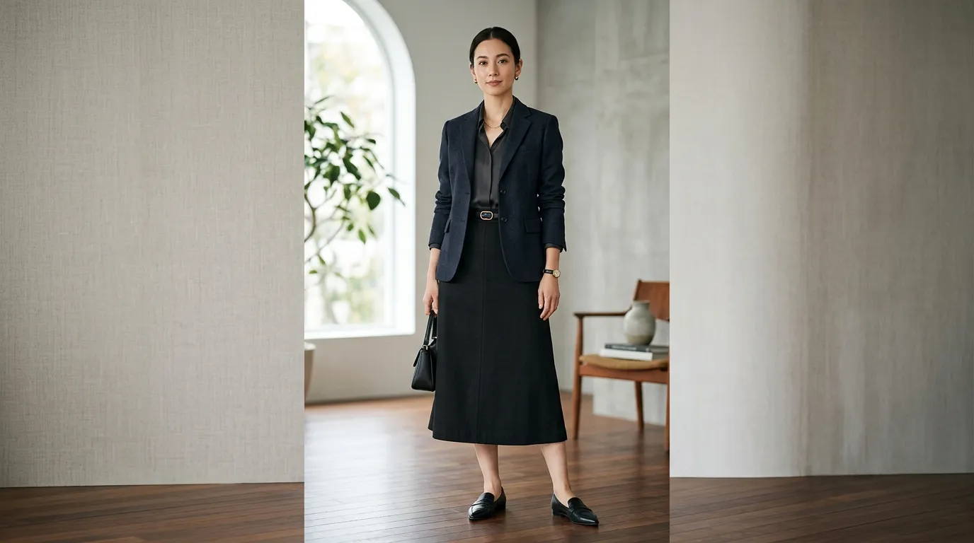 Dark Midi Skirt with a Blouse and Blazer