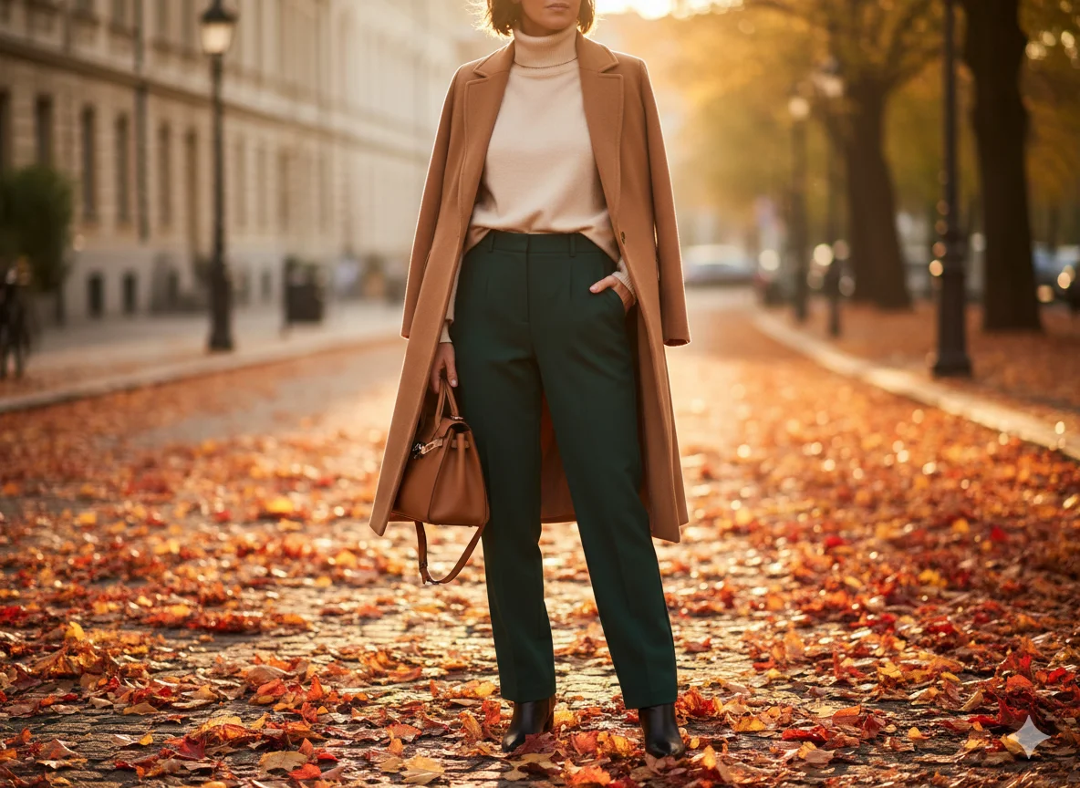 Dark green pants styled with a camel coat