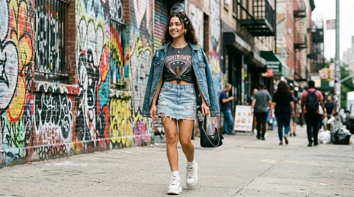 Distressed Mini Jean Skirt with a Band Tee
