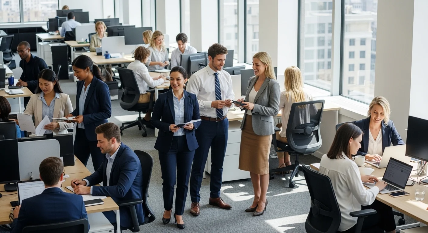 Diverse group of office professionals wearing various levels of professional attire in a modern open plan workplace