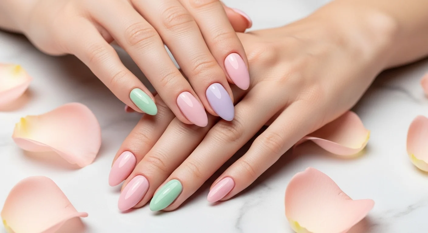 Elegant female hands with soft pastel almond nails in baby pink lavender and mint green for classic spring femininity