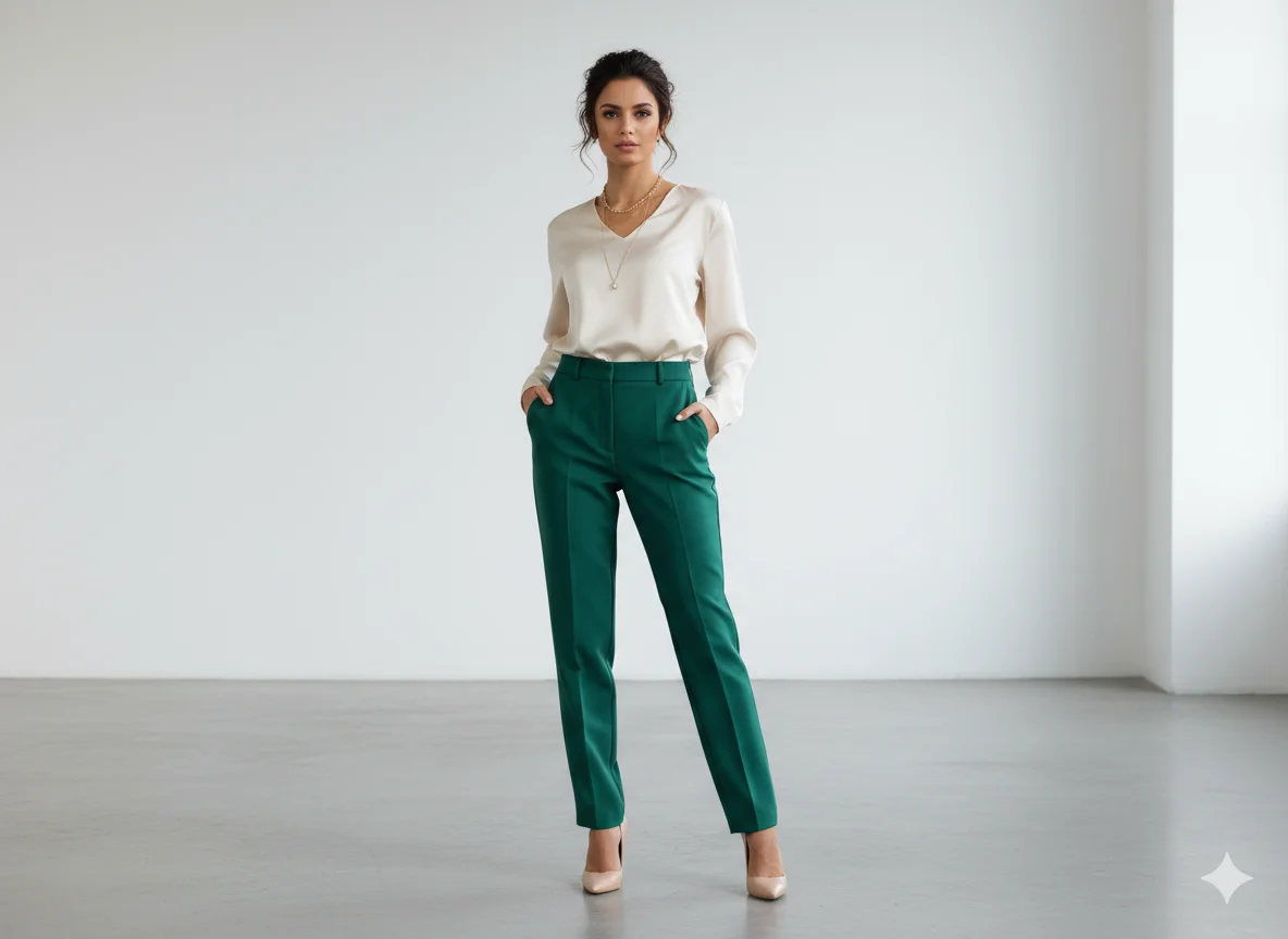Emerald green dress pants styled with a silk blouse and pointed heels for a formal elegant evening look