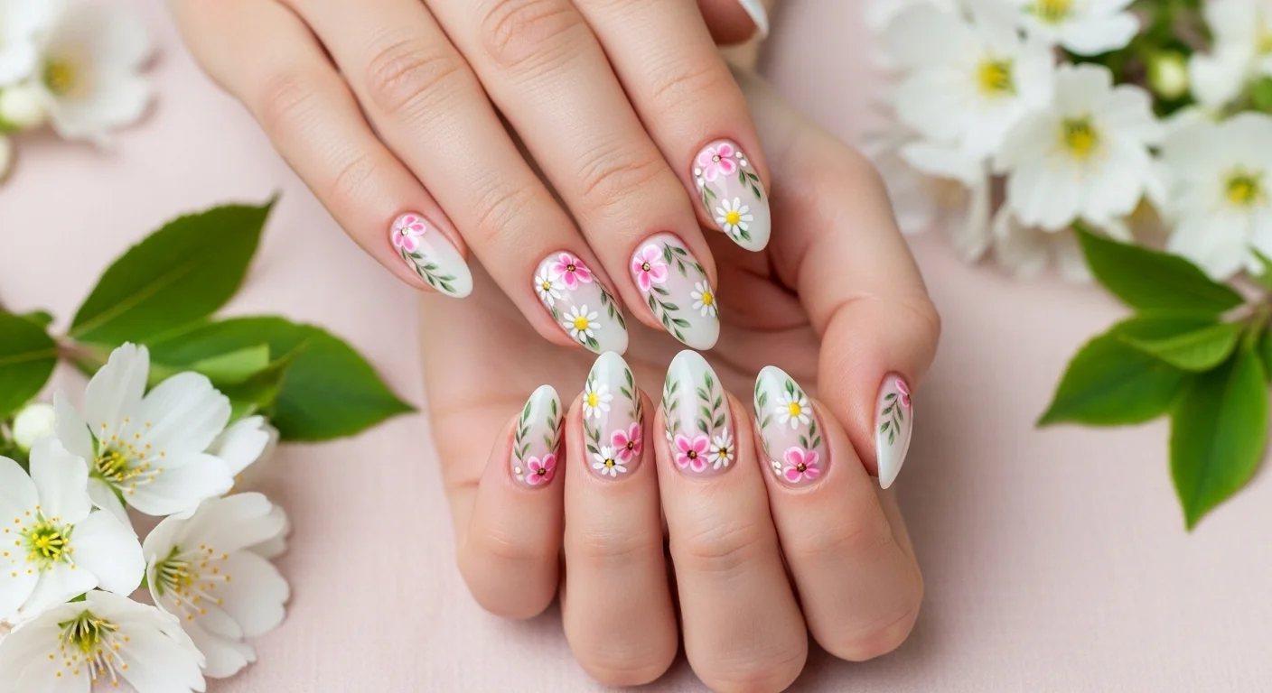 Female hands with almond nails featuring delicate hand painted floral nail art with tiny pink white flowers and daisies on a milky base