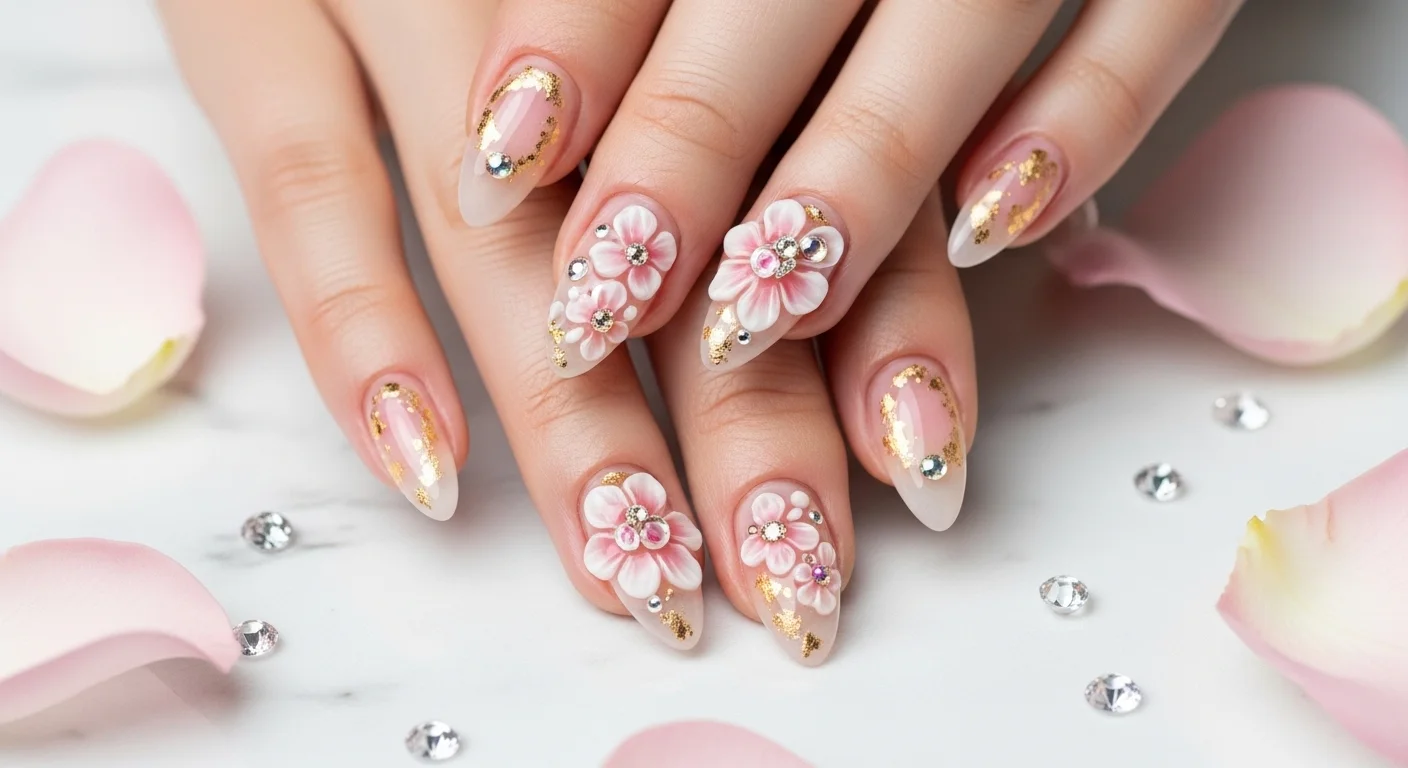 Female hands with almond nails featuring stunning three dimensional sculpted floral nail art with rhinestones and gold foil for maximum spring impact