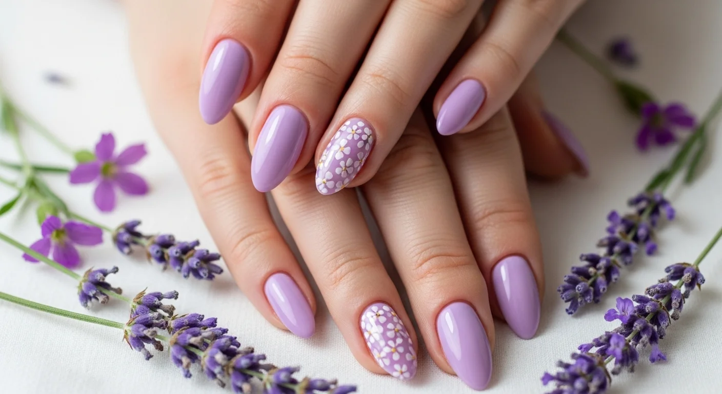 Female hands with almond nails in soft lilac and lavender shades with a floral accent nail for romantic soft purple spring energy