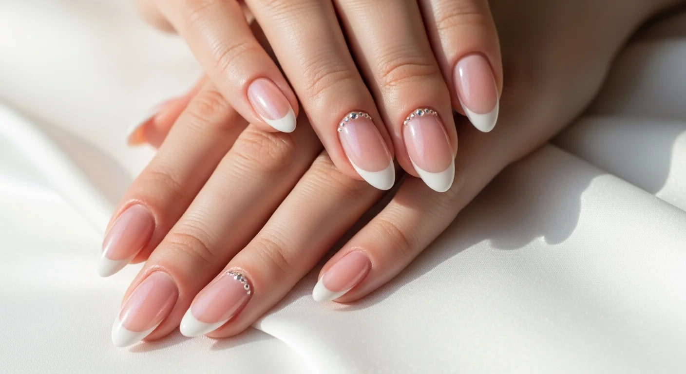 Female hands with almond shaped French manicure nails featuring pearly white tips sheer pink base and crystal bead accents for timeless elegance