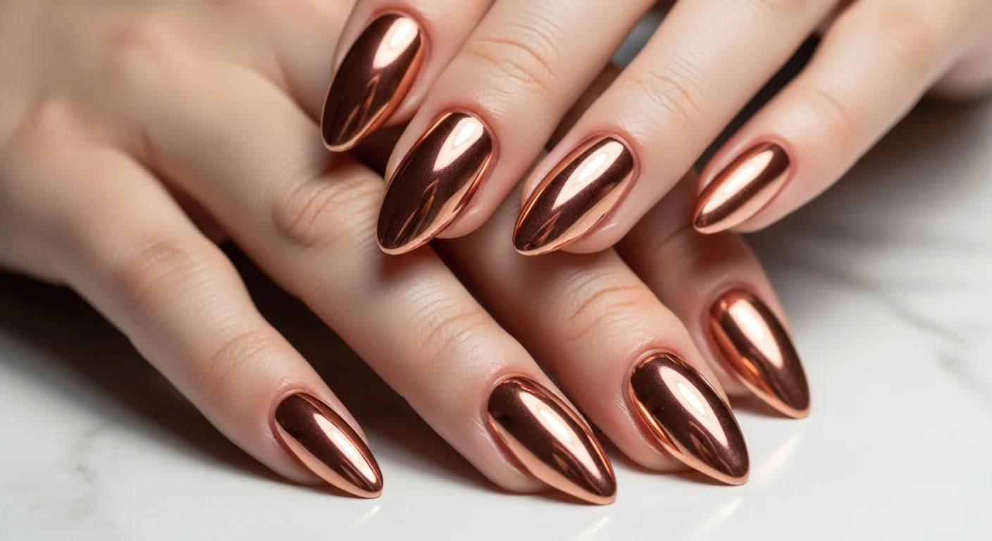 Female hands with almond shaped nails featuring a high shine rose gold chrome glazed mirror finish for a bold spring statement manicure