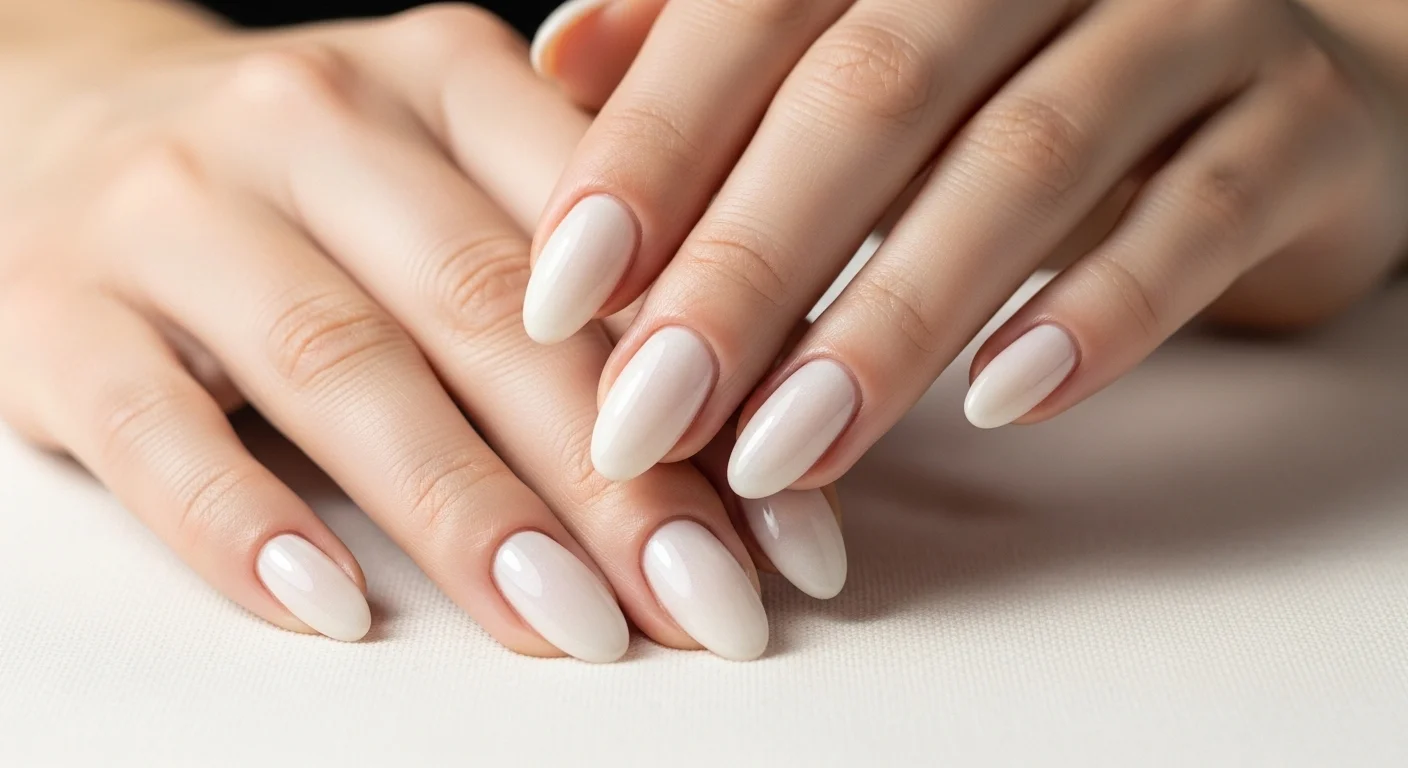 Female hands with almond shaped nails in creamy oat milk off white gel polish for a clean girl aesthetic spring manicure look