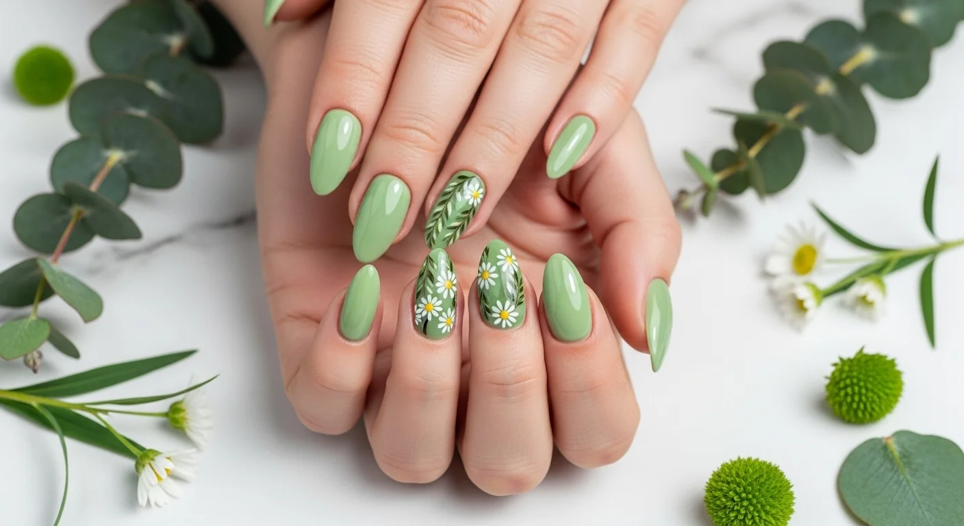 Female hands with almond shaped nails in soft matcha green gel polish with a botanical floral accent nail for a fresh natural spring look