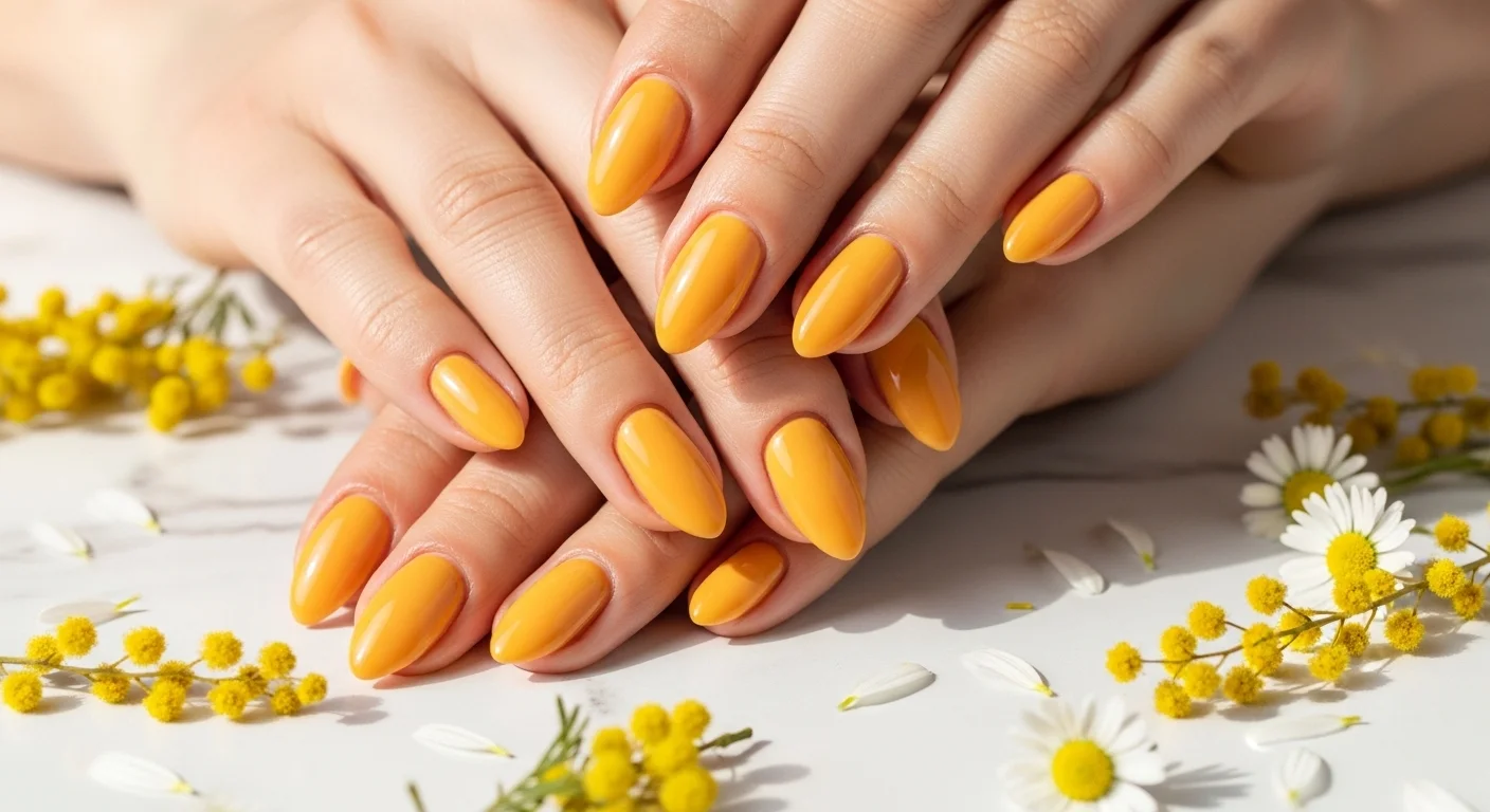 Female hands with almond shaped nails painted in soft warm butter yellow gel polish for a sunshine coded spring manicure look