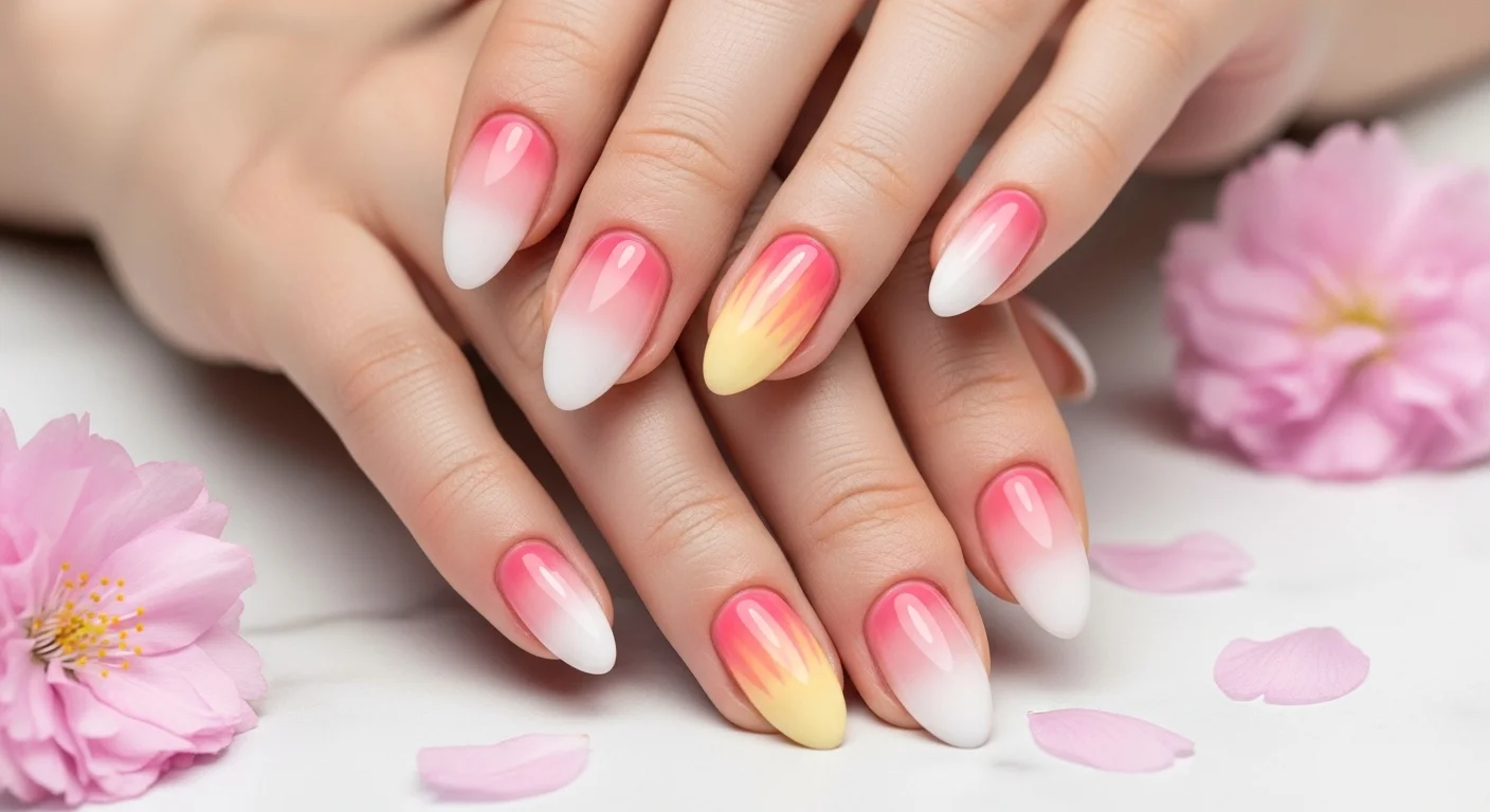 Female hands with almond shaped ombre nails featuring a dreamy blended gradient from white to blush pink and coral to butter yellow