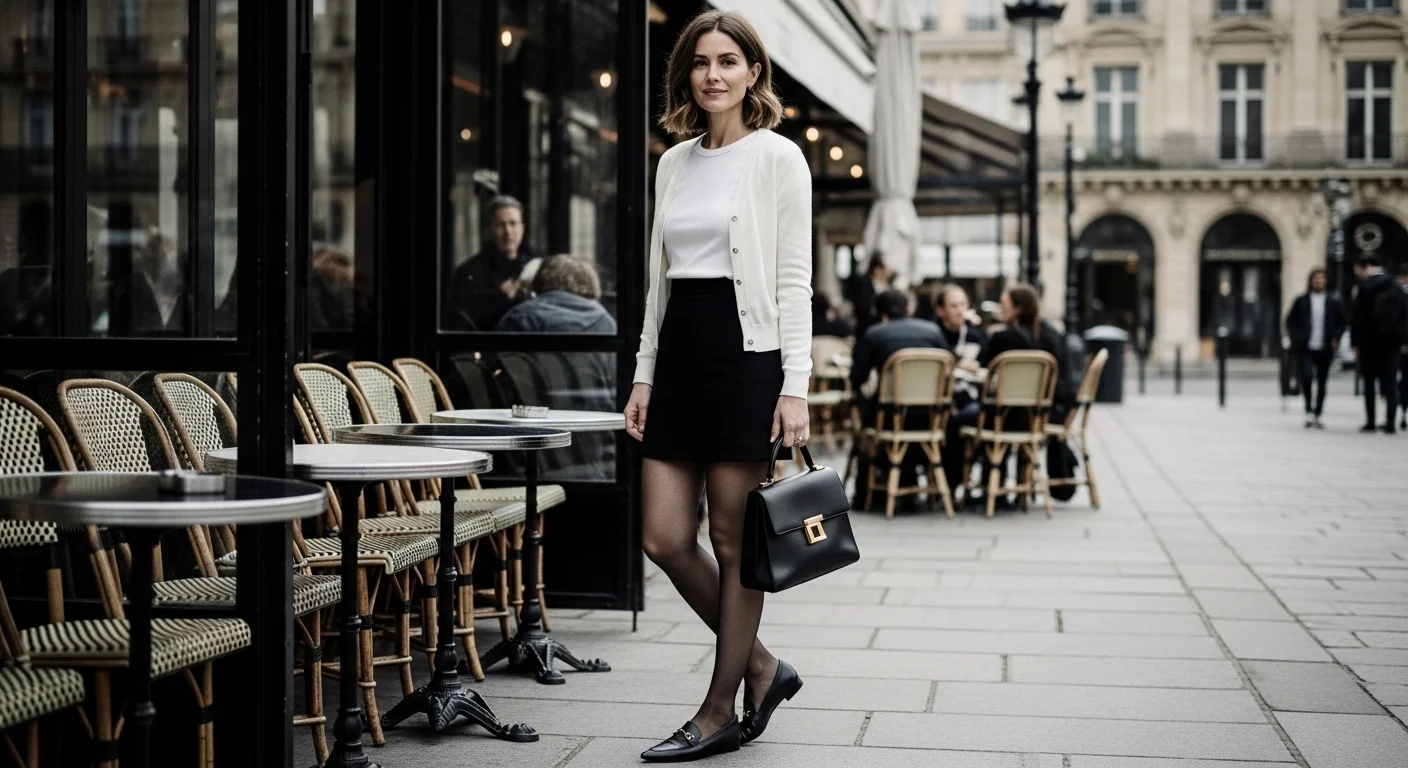 Fine knit ivory cardigan over a white tee with black mini skirt and loafers for Parisian style