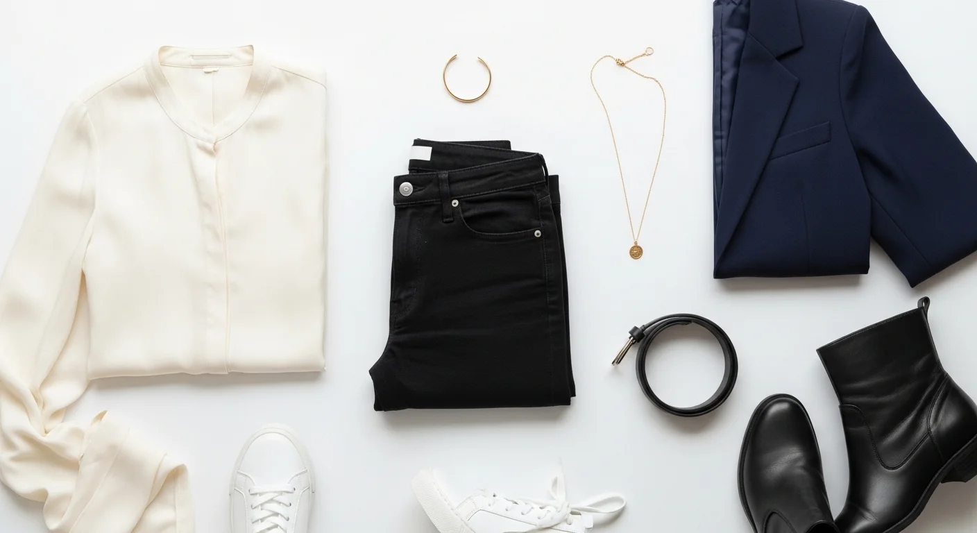 Flat lay of black jeans styling essentials including blazer silk top gold jewelry belt and footwear options