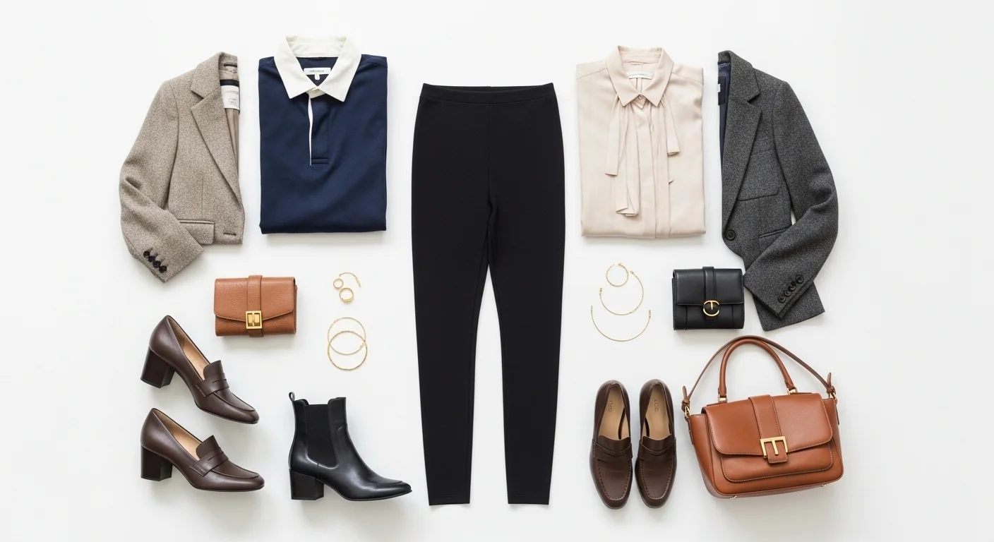 Flat lay of leggings styling essentials including blazer silk blouse loafers heels and gold jewelry showing key tips for wearing leggings