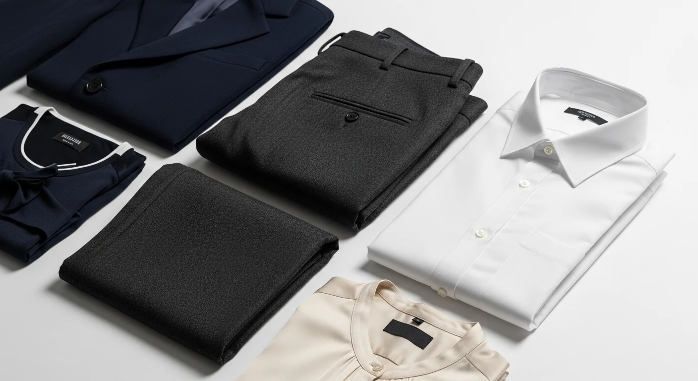 Flat lay of quality tailored workwear essentials including a navy blazer, wool trousers, and a silk blouse on a white surface