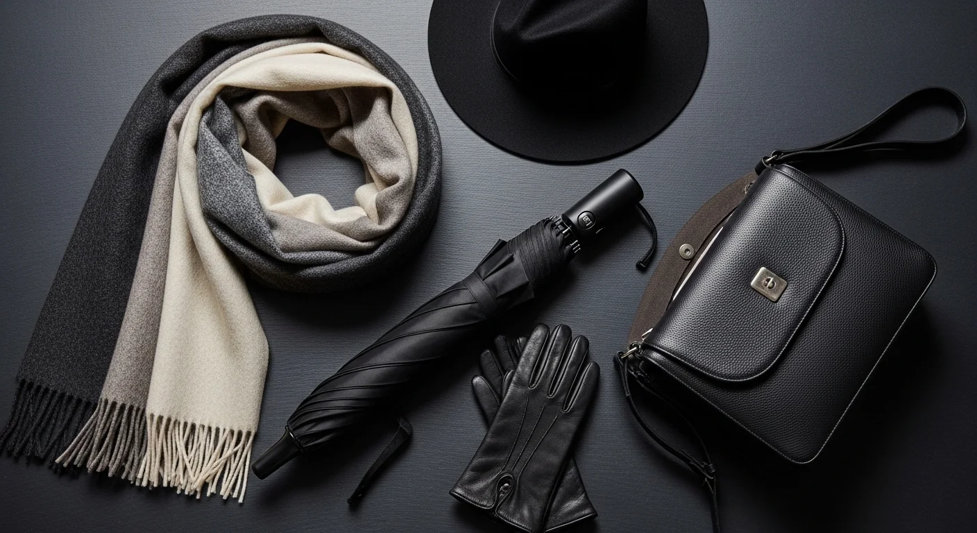 Flat lay of rainy day accessories including an umbrella leather bag wool scarf wide brim hat and gloves on dark slate