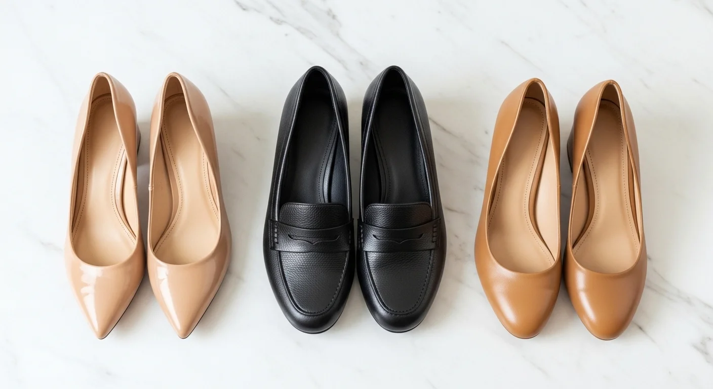 Flat lay of three professional shoe styles including nude pumps, black loafers, and camel block heels on white marble