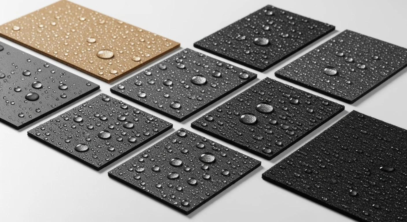 Flat lay of water resistant fabrics including waxed cotton and nylon with water droplets beading on the surface