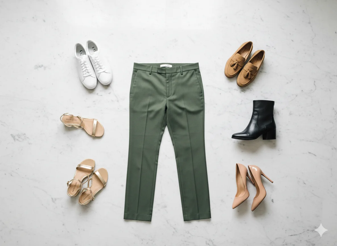 Footwear options for green pants outfits including sneakers