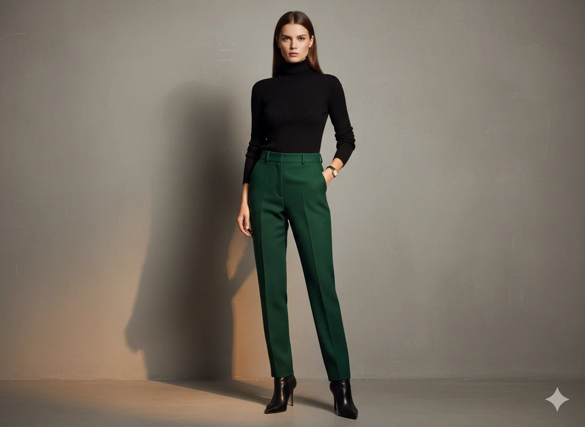 Forest green trousers paired with a black turtleneck and ankle boots for an elevated autumn look