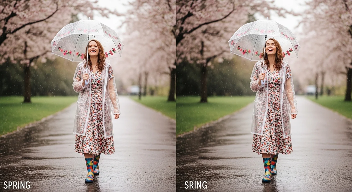 Four seasonal rainy day outfits showing spring summer autumn and winter looks with rain appropriate clothing and footwear