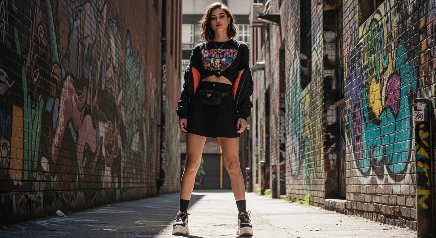 Graphic tee tucked into a black mini skirt with platform sneakers and a bomber jacket for streetwear style