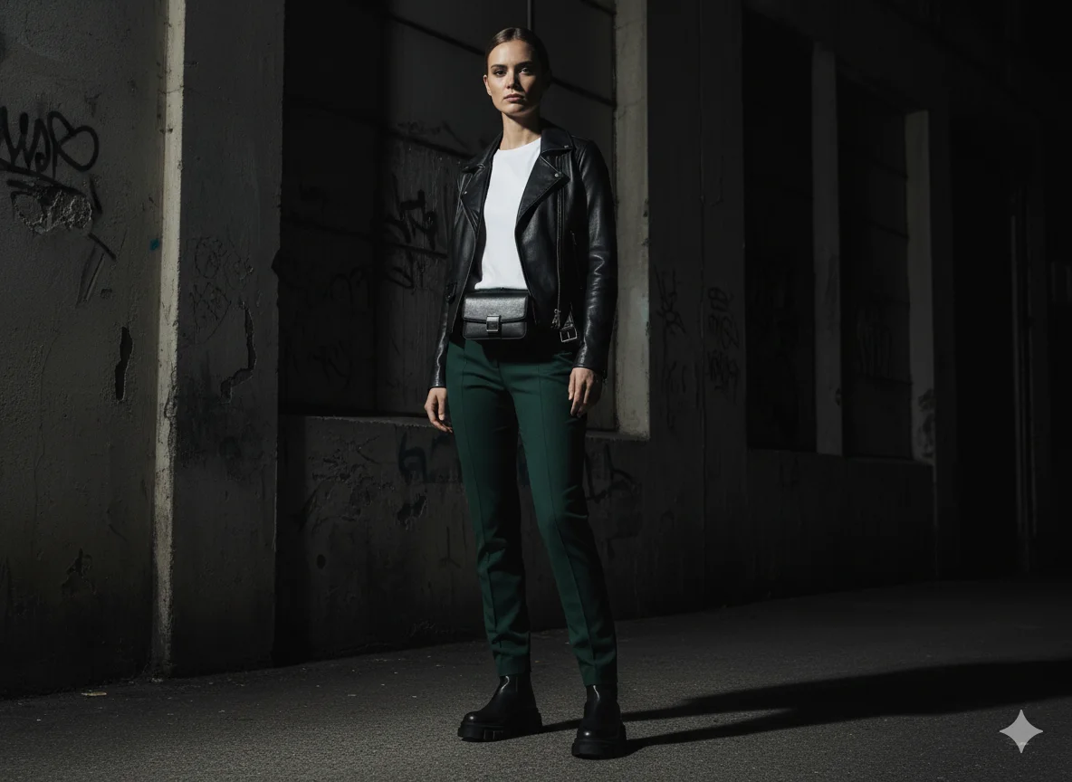 Green pants styled with a black leather jacket and lug sole boots for an edgy urban street style look