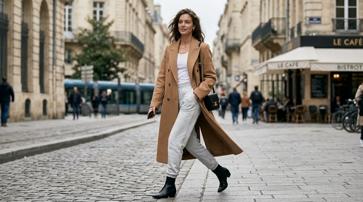 Grey Sweatpants with a Camel or Trench Coat