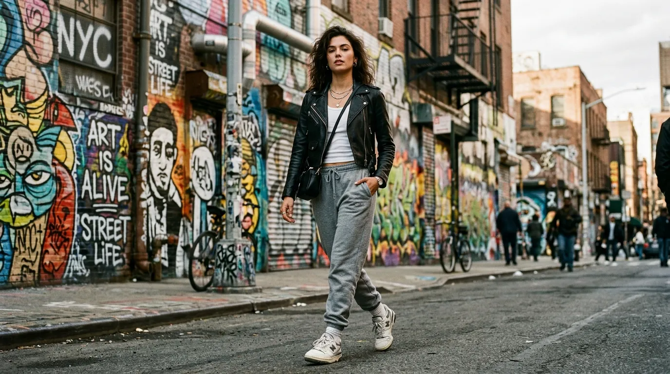 Grey Sweatpants with a Leather Jacket