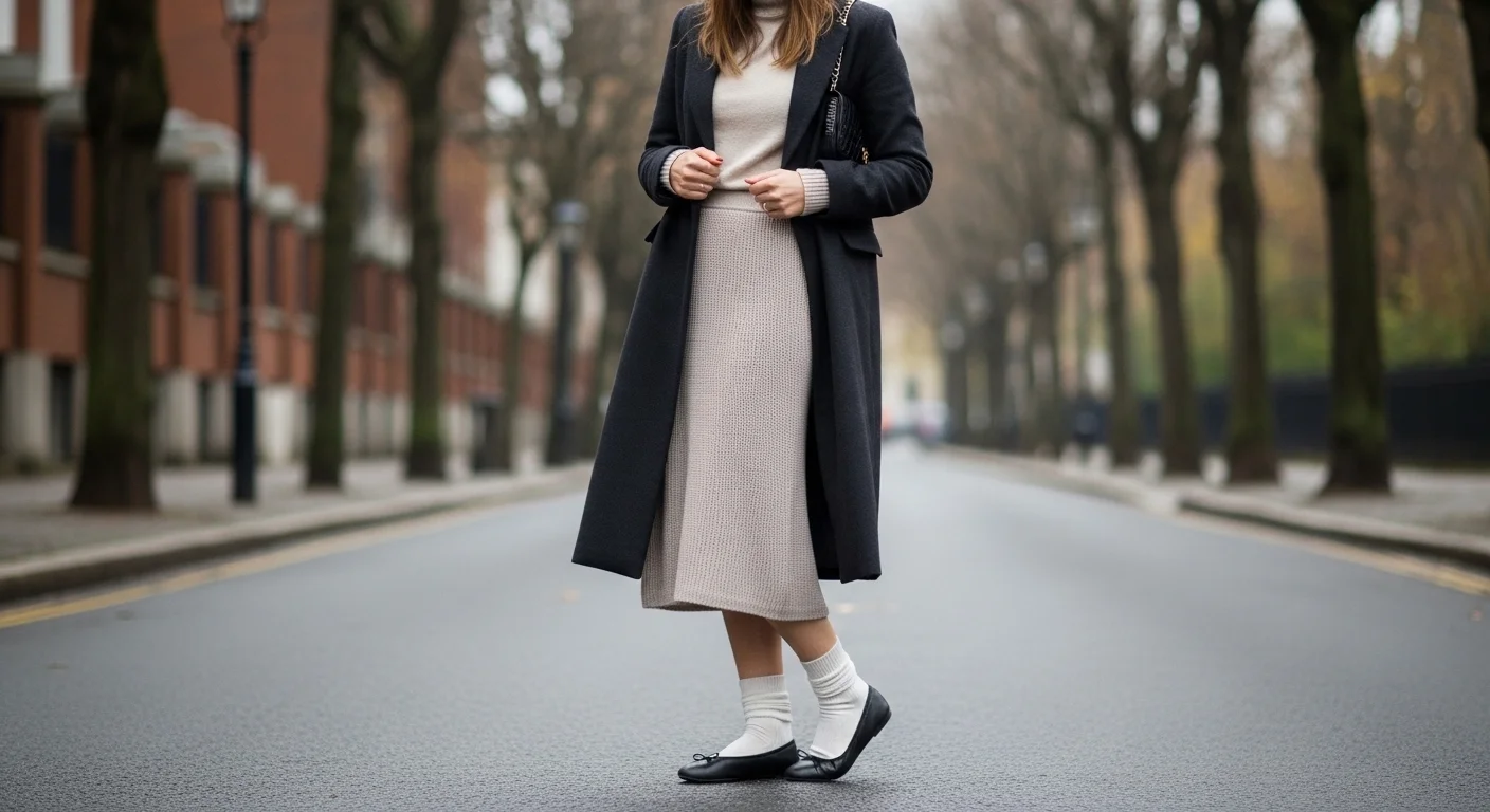 Woman wearing ballet flats with fine knit white ankle socks and a midi skirt for a stylish cold weather outfit