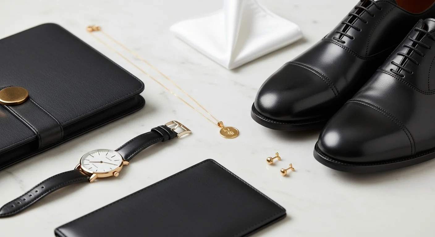 Interview outfit finishing details including leather watch gold jewellery Oxford shoes and leather portfolio on marble surface