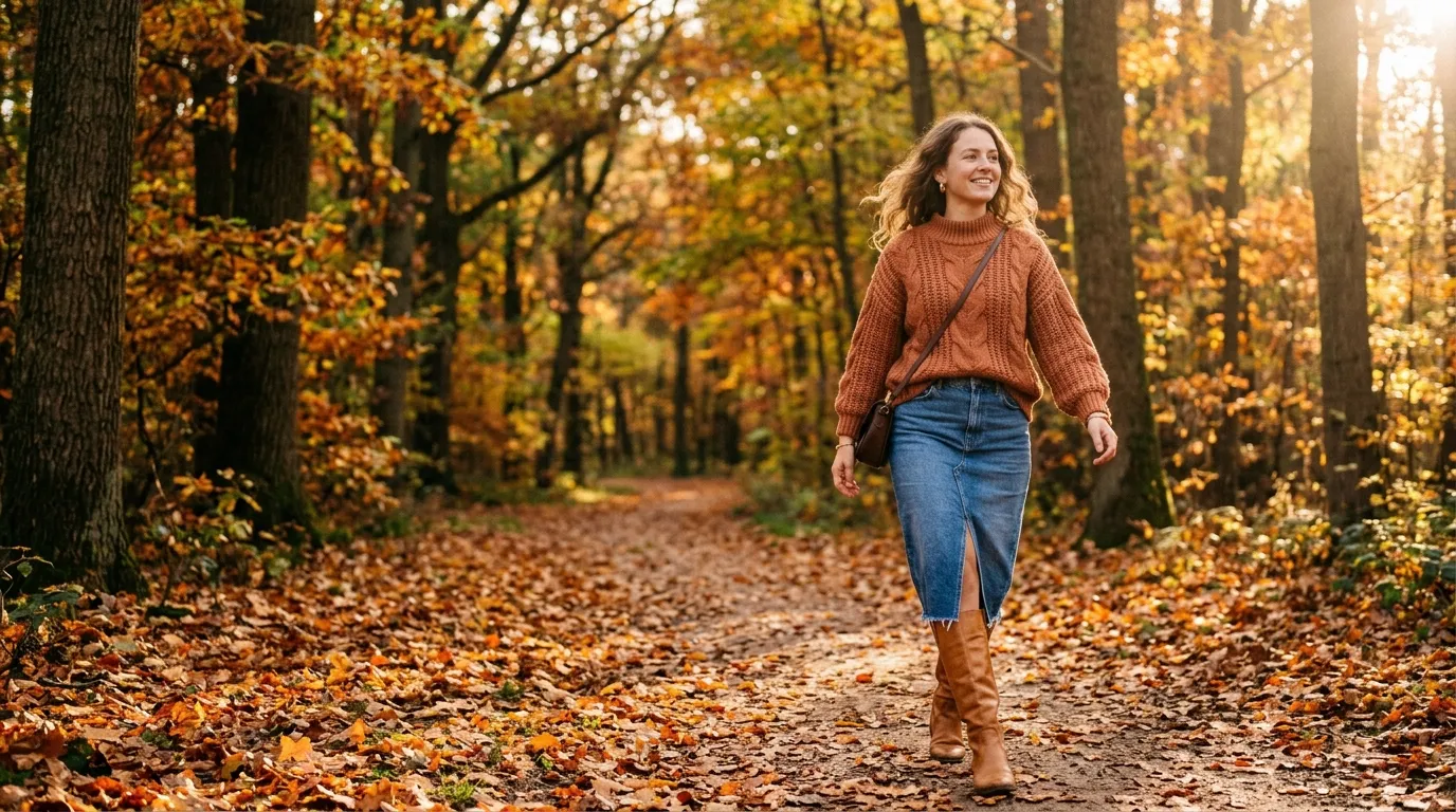 Jean Skirt with a Chunky Knit Sweater in Autumn