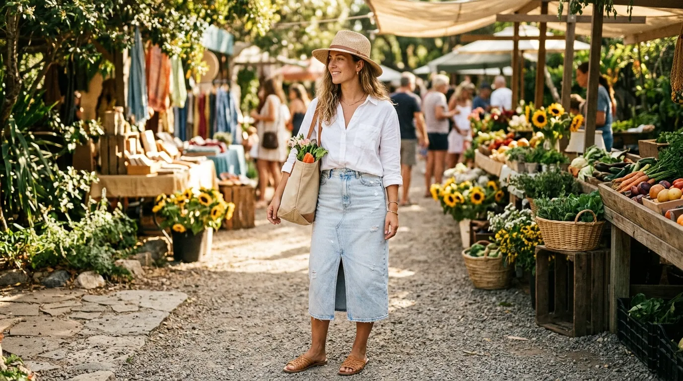 Jean Skirt with a Linen Shirt in Summer