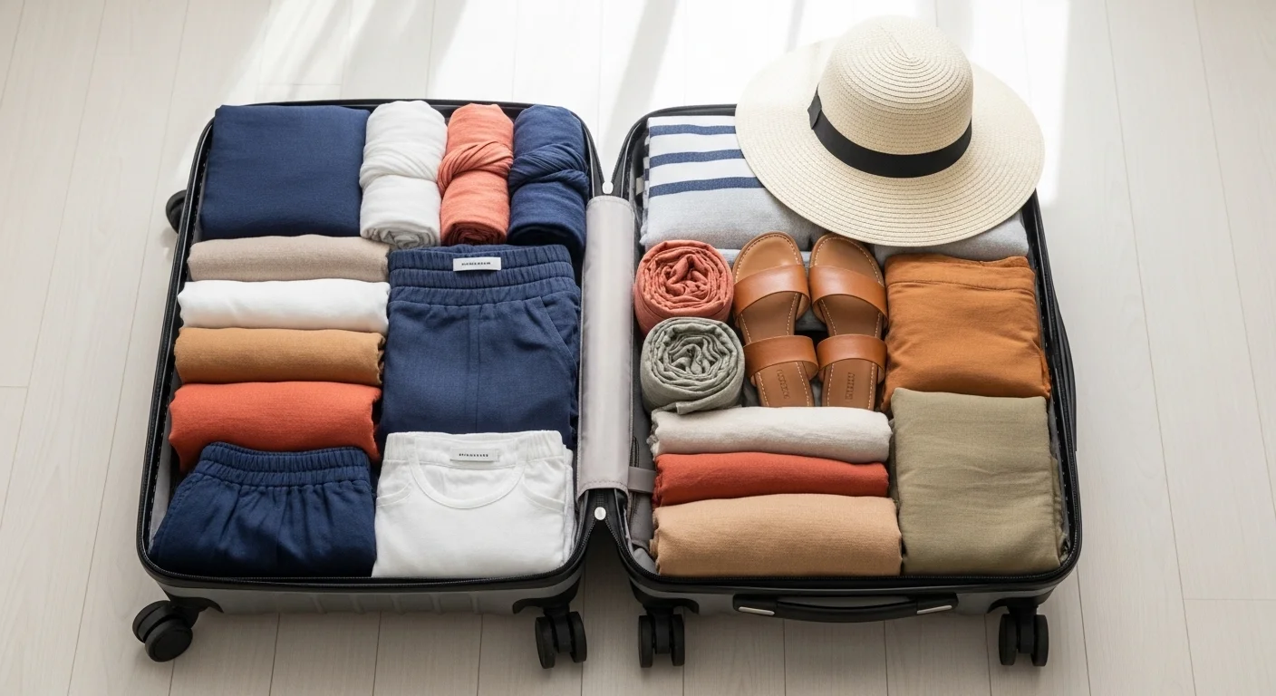 A neatly organized open suitcase packed with neutral linen and cotton Spain travel outfits in navy white terracotta and olive tones