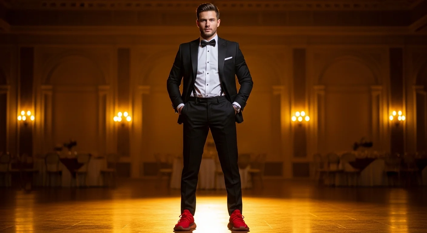 Man in a black tuxedo with red Adidas Yeezy sneakers posing in a grand ballroom showcasing a bold sneaker ball outfit for men