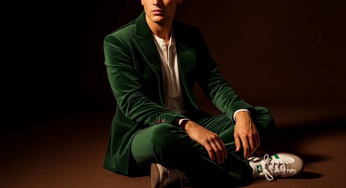 Man in a deep green velvet suit paired with retro Adidas Samba sneakers a luxurious and stylish mens sneaker ball outfit