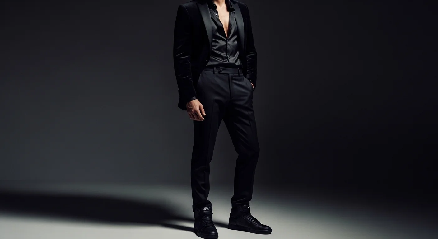 Man in a head to toe all black monochrome outfit with black high top Nike sneakers showcasing the monochrome sneaker ball look