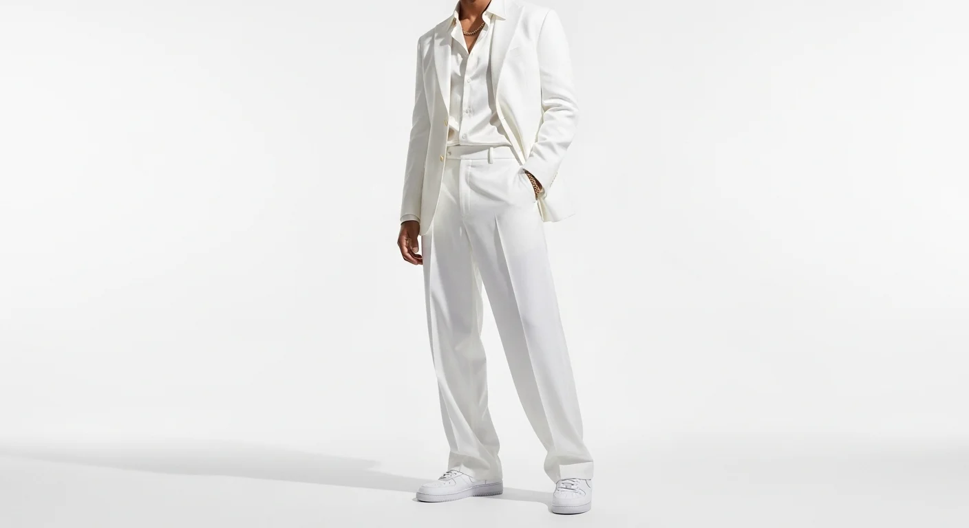 Man in a head to toe all white layered blazer and trouser outfit with white Nike sneakers a clean and powerful all white sneaker ball look
