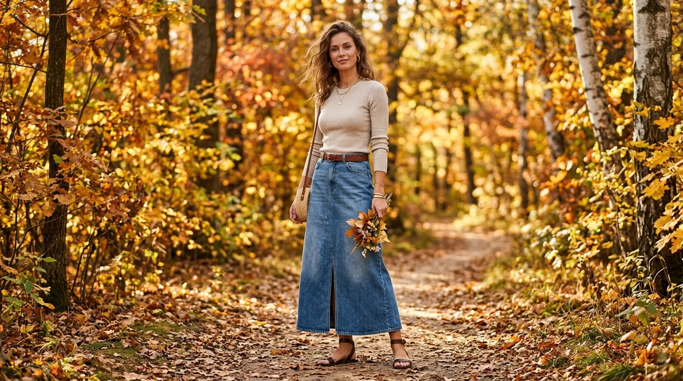 Maxi Jean Skirt with a Fitted Knit Top