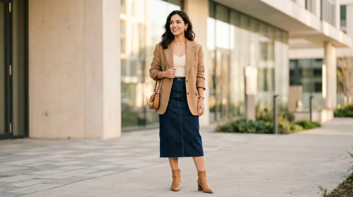 Midi Jean Skirt with an Oversized Blazer