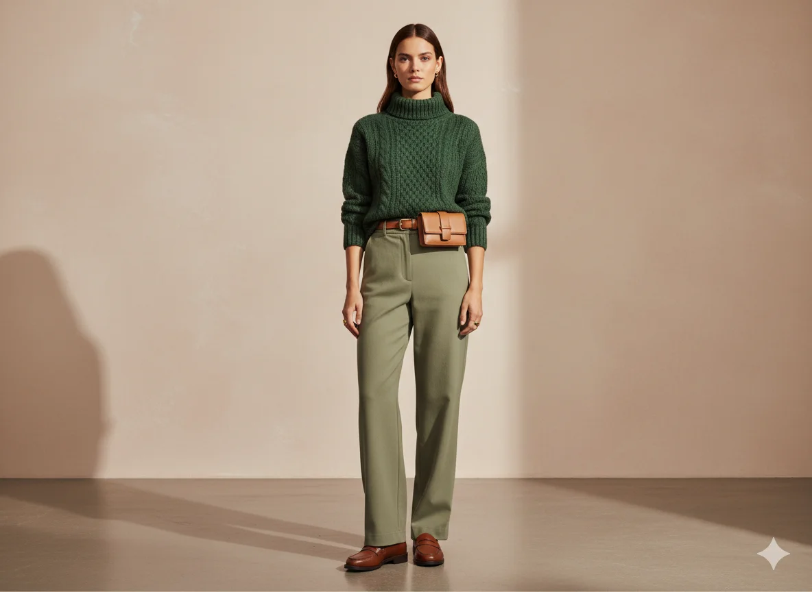 Monochromatic green outfit combining olive trousers and forest green knitwear for a layered fashion forward look