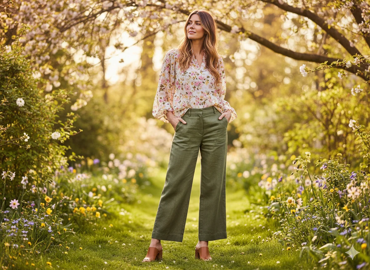 Olive green wide leg pants paired with a floral blouse and block heeled mules for a feminine spring outfit