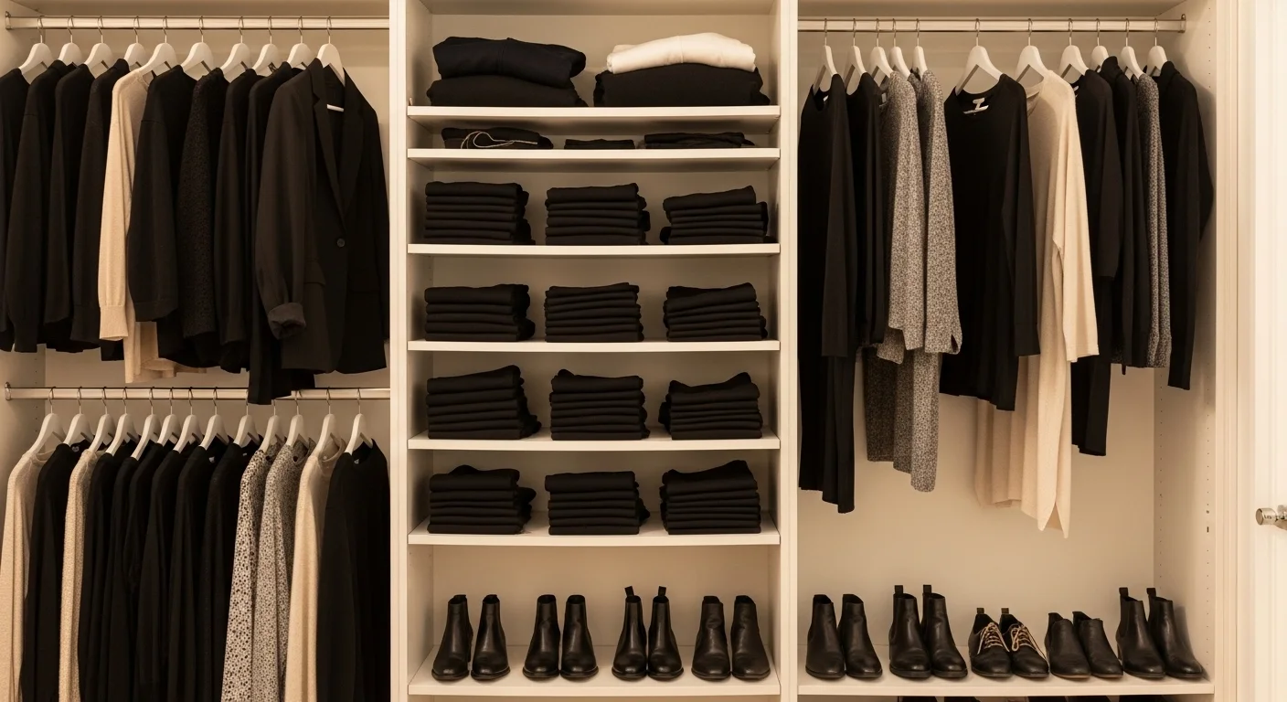 Open wardrobe showing black leggings alongside blazers cardigans and boots demonstrating why leggings are a wardrobe essential