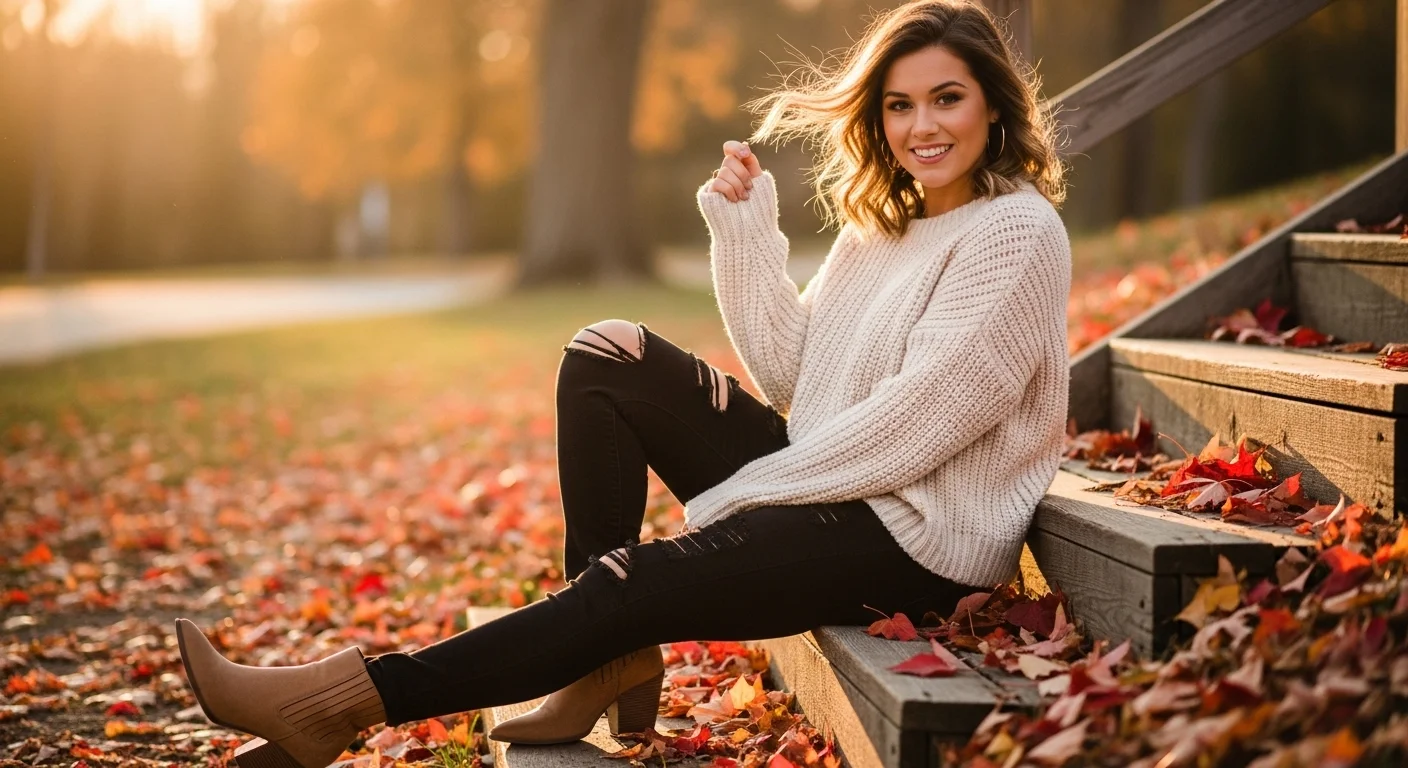 Oversized cream knit sweater paired with black ripped jeans and tan ankle boots for a cozy fall outfit
