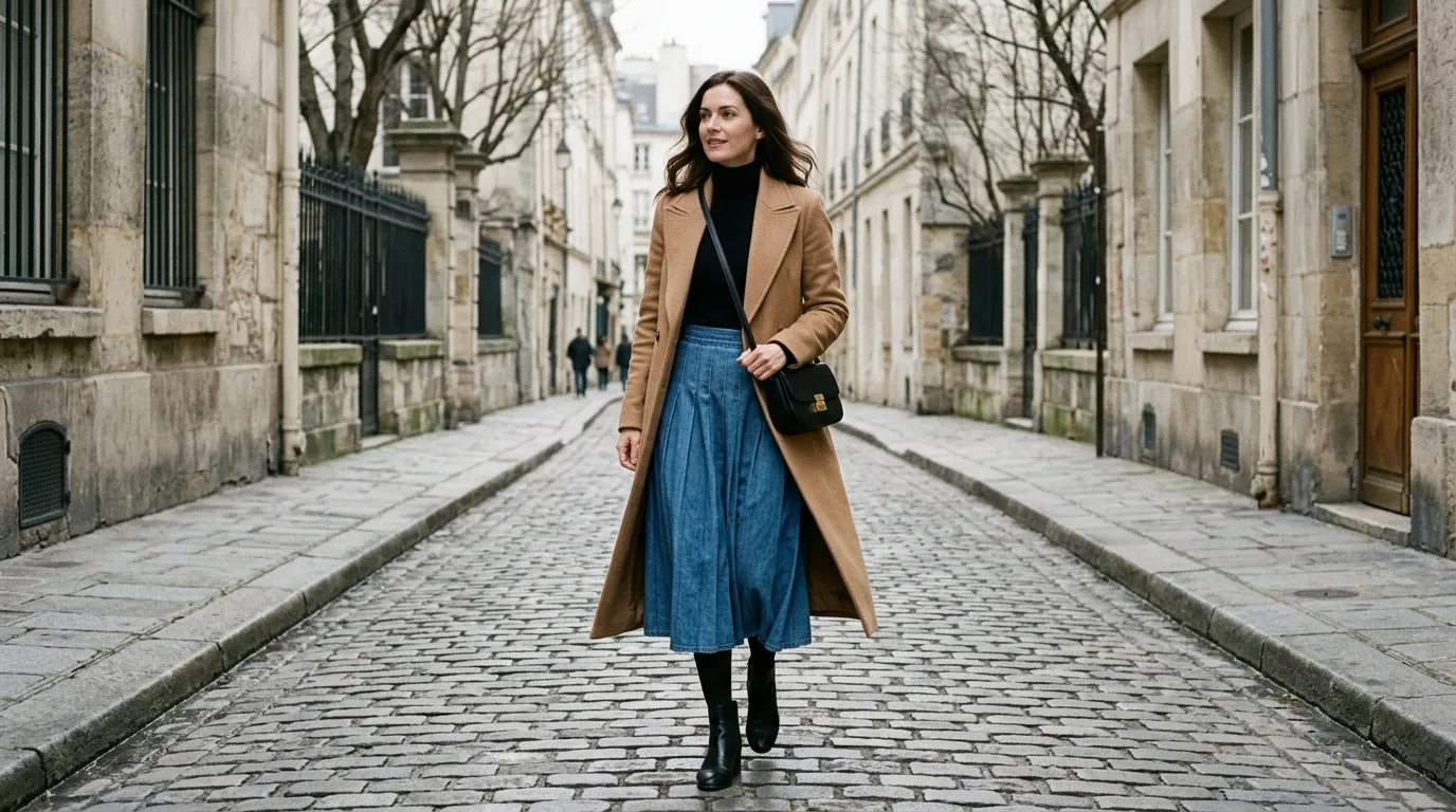 Pleated Denim Skirt with a Fitted Turtleneck