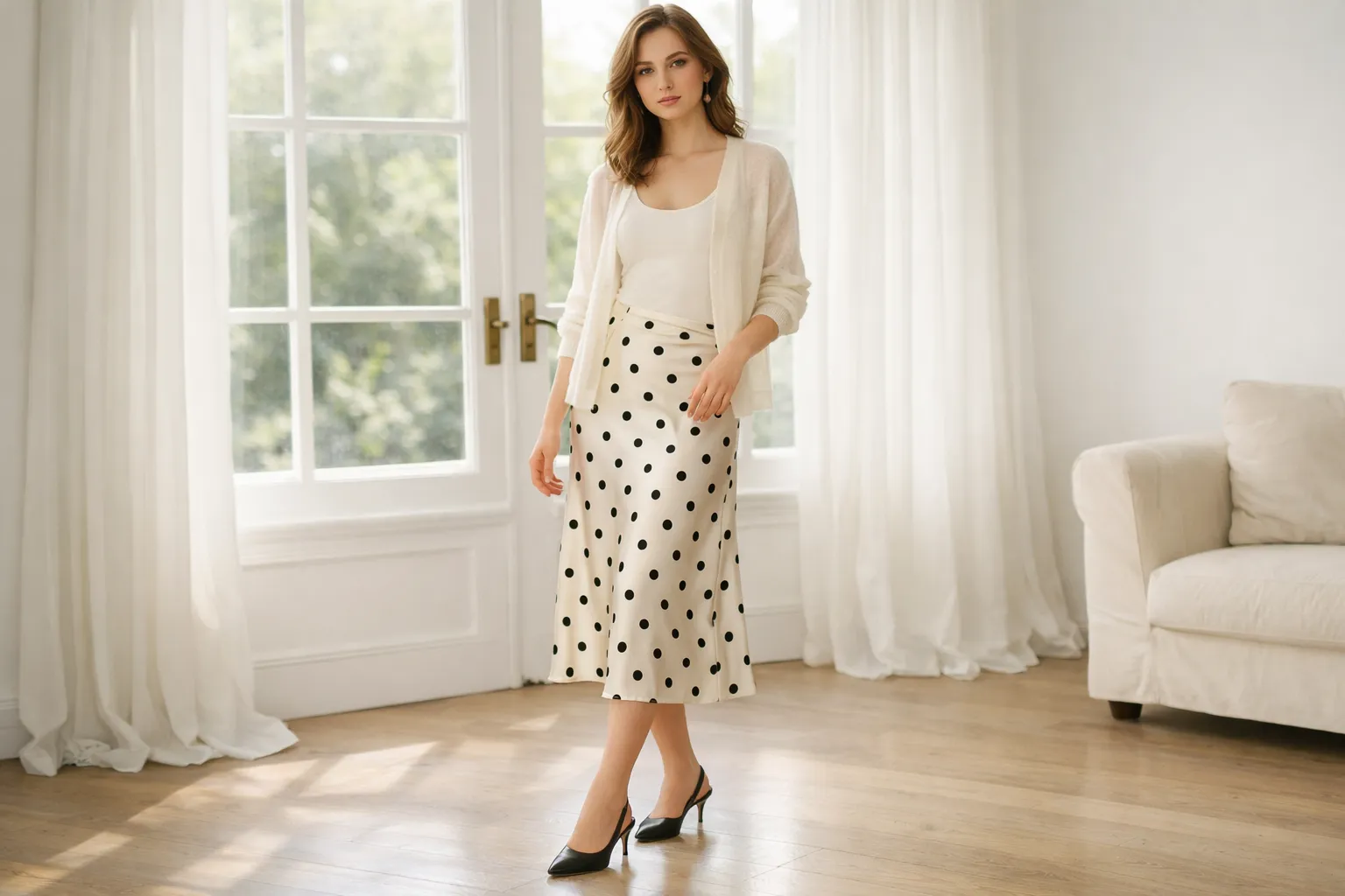 Polka Dot Satin Skirt With a Semi Sheer Cardigan
